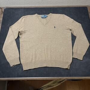 Vintage Polo Ralph Lauren Sweater Men Large Beige Lambswool Knit V Neck Pullover
